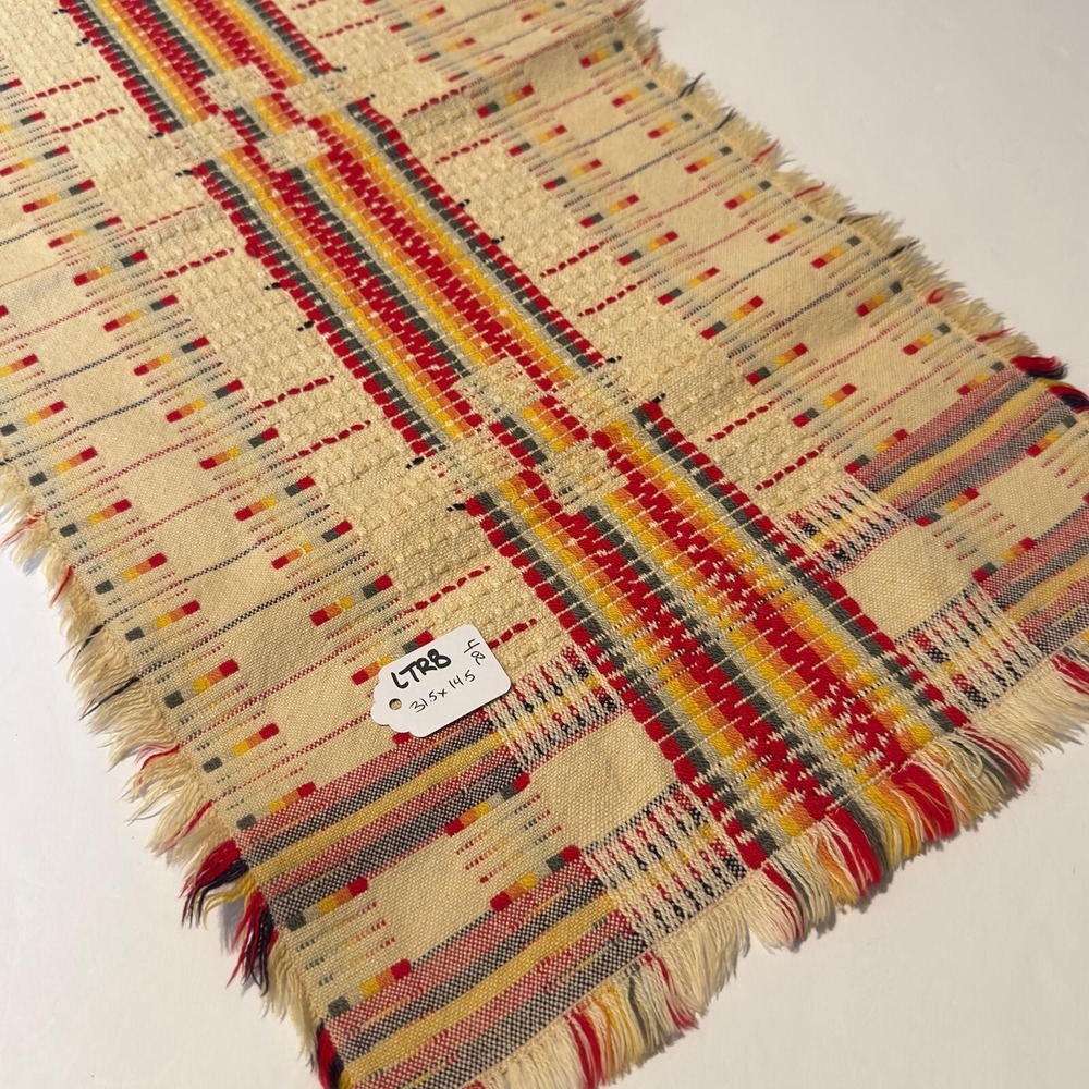 Vintage Handwoven Southwestern Table Runner Fringed Geometric Cream Red